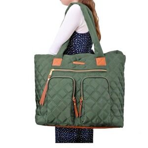 Joan And David Faith 21" Double‎ Pocket Diamond Quilted Nylon Travel Tote Green